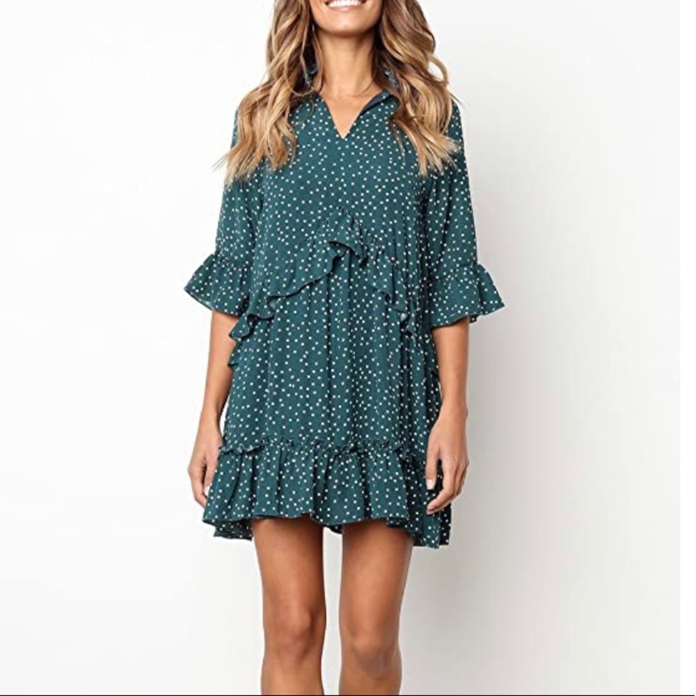 Ruffle Polka Dot Pocket Swing Loose Dress